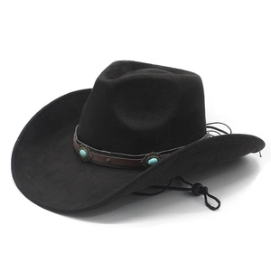 Western Cowboy Hat Suede Texture Wide Brim With Turquoise Beads Ethnic Leather Band Adjustable Windproof Rope For Outdoor