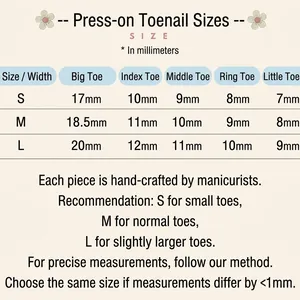 Size chart for handmade green cat eye press-on toenails showing S, M, and L dimensions