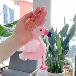 Detail of pink flamingo plush keychain featuring fluffy feather wings and a silver ring