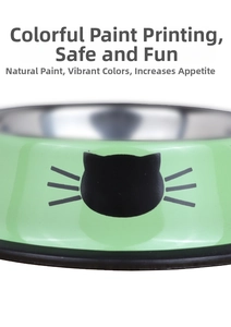 Close-up of green stainless steel pet bowl with black cat face print and mirror finish