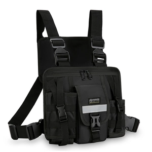 Tactical black vest chest bag with reflective strips and adjustable straps for outdoor sports