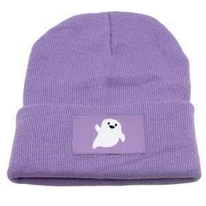 Light purple cuffed beanie with cute embroidered ghost patch for autumn and winter