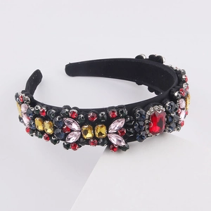 Baroque padded headband with colorful rhinestones on black velvet for party styling