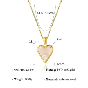Detailed specs of the gold heart necklace showing a 18x16mm shell pendant and chain dimensions