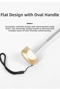 Detail of flat gold matte umbrella handle with woven strap and silver telescopic shaft