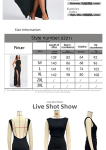 Detailed size chart for solid color backless maxi dress including S to XL measurements