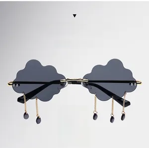 Frameless cloud-shaped sunglasses with metal chains and raindrop crystal charms