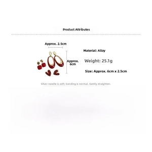 Detailed view of red heart pearl earrings set with silver needles and alloy specifications