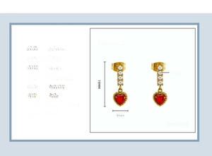 Detailed size and material specs for heart stud earrings with 18K gold plated steel and pearls