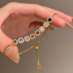 14k gold plated bracelet with square colorful gemstones and adjustable heart charm
