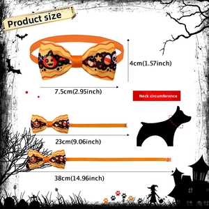 Size chart showing dimensions for adjustable Halloween pumpkin pet bow ties and neckbands