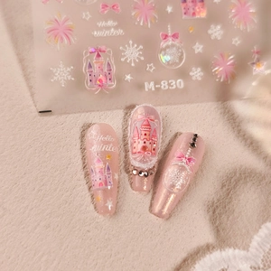 Pink Castle Snowflake Bow Nail Art Stickers 5D Embossed Adhesive Winter Christmas Decals For Women