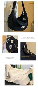 Dettaglio borsa a mezzaluna in nylon con tracolla larga e mini custodia tonda rimovibile