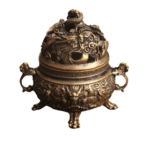 Antique brass incense burner with Nine Dragons carving and vintage tripod stand