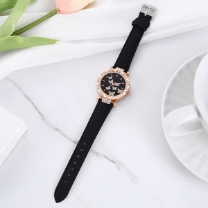 Elegant women's watch with rose gold case, butterfly dial and black leather strap