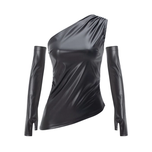 Detail of black faux leather off-shoulder top with matching long detached arm sleeves