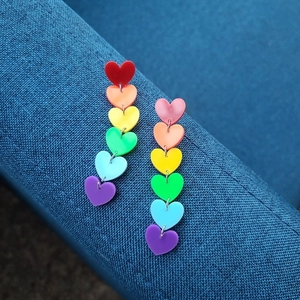Rainbow gradient acrylic heart tassel earrings with six-color linked hearts for women