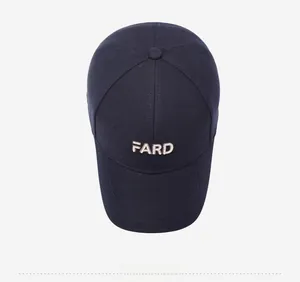 Top down view of navy blue cotton baseball cap featuring 3D FARD letter embroidery