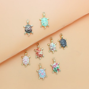 Set of 8 cartoon turtle alloy pendants with colorful drip oil flower patterns