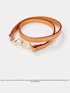 Detail of 1.2cm wide apricot genuine leather shoulder strap with golden metal hardware