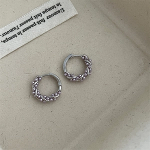 Elegant French style hoop earrings with purple pearls and silver woven metal design