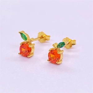 S925 sterling silver orange fruit stud earrings with green leaf and gold plating