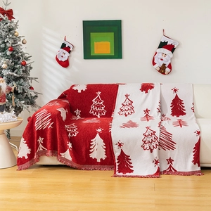 Christmas tree pattern reversible knit sofa throw blanket with red and white tassels
