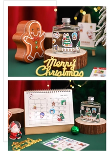 Detail of Christmas sticker set with calendar and decorative jars in festive red and green