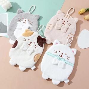 Set of four cute cat-shaped coral fleece hand towels with hanging loops in various colors