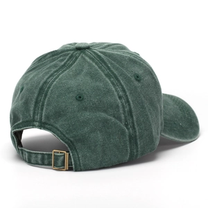 Rear view of washed dark green cotton baseball cap showing adjustable metal buckle