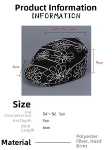 Detailed sizing chart for floral embroidered newsboy cap with material specifications