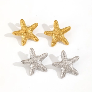 Starfish shaped stainless steel stud earrings in gold and silver with textured surface