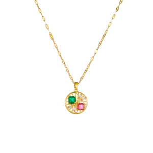 Gold tone celestial star moon necklace with green and red gemstone accents for women