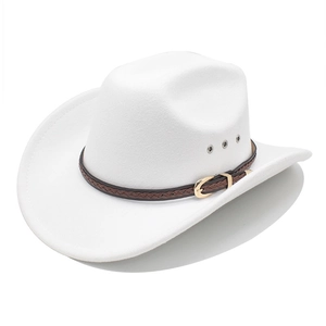 Detail of white felt cowboy hat with braided leather belt and golden metal buckle