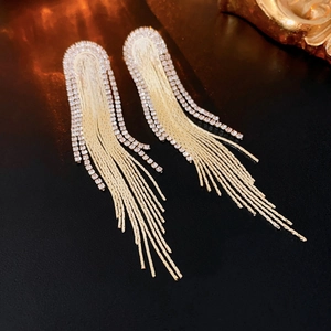 Elegant gold-plated tassel earrings with geometric crystal chains for a luxurious look