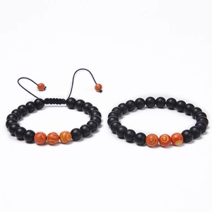 Set de bracelets vintage en perles noires mates de 8mm avec accents de pierres orange