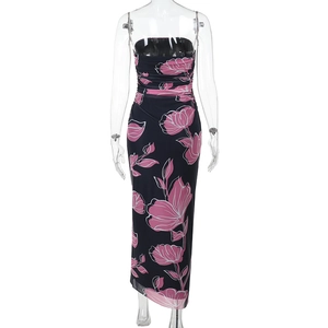 Detail of ruched mesh strapless dress with pink floral print and slim fit design