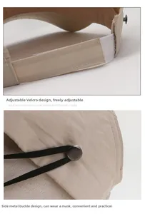Detail of khaki visor with adjustable strap and side metal buttons for face mask straps