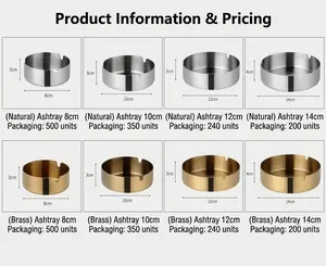 Comparison of golden and silver stainless steel ashtrays in various sizes and finishes