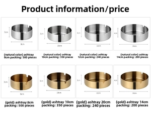 Comparison of golden and silver stainless steel ashtrays in various sizes and finishes