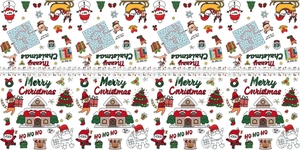 Detailed pattern of Christmas disposable paper tablecloth with Santa and puzzles