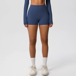 Front view of high-waisted navy yoga shorts with brushed fabric for fitness and running