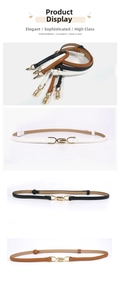 Detail of slim leather belts in black, white, and brown with gold metal buckles