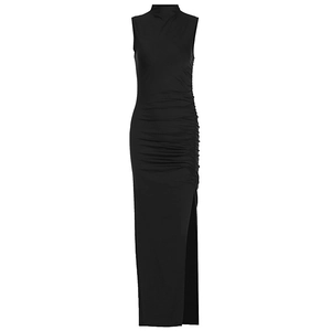 Sleeveless slim fit black maxi dress with elegant ruched side detail and high leg slit
