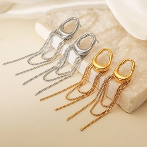 Stainless Steel Tassel Drop Earrings For Women 18K Gold Plated Long Chain Minimalist Geometric Irregular Hoop Jewelry