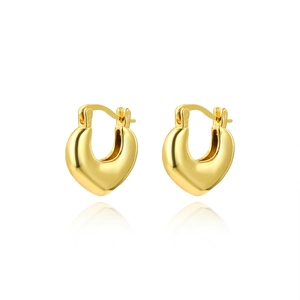 Minimalist gold heart-shaped hoop earrings with polished finish and mirrored reflection