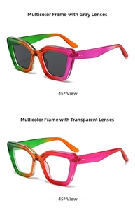 Cat-Eye-Sonnenbrille mit buntem Farbverlauf Rahmen, grauen und klaren Gläsern