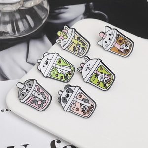 Cute Cartoon Animal Artificial Pearl Milk Tea Enamel Brooches Alloy Drip Oil Panda Cat Rabbit Unicorn Badges For Clothes Backpacks