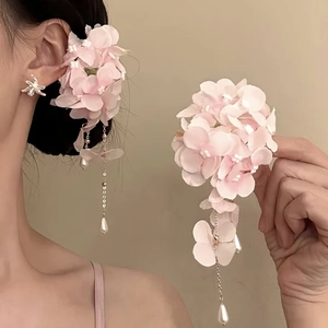 Pink Fabric Flower Hair Clip With Long Alloy Chain Tassel And Water Drop Faux Artificial Pearl For Women Elegant Sweet Accessory