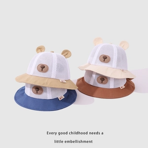 Breathable baby sun hats with bear ears in blue, beige, khaki, and brown mesh fabric